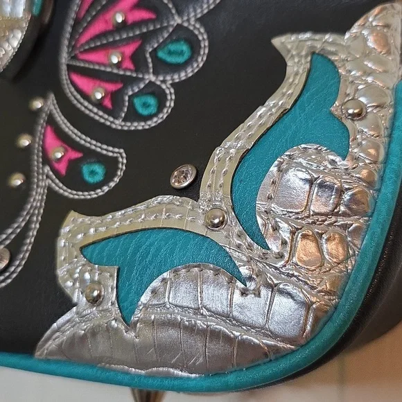 Cowgirl Trendy Cross Body Teal Hot Pink Silver Black Butterfly Embellished Bag - Picture 2 of 16